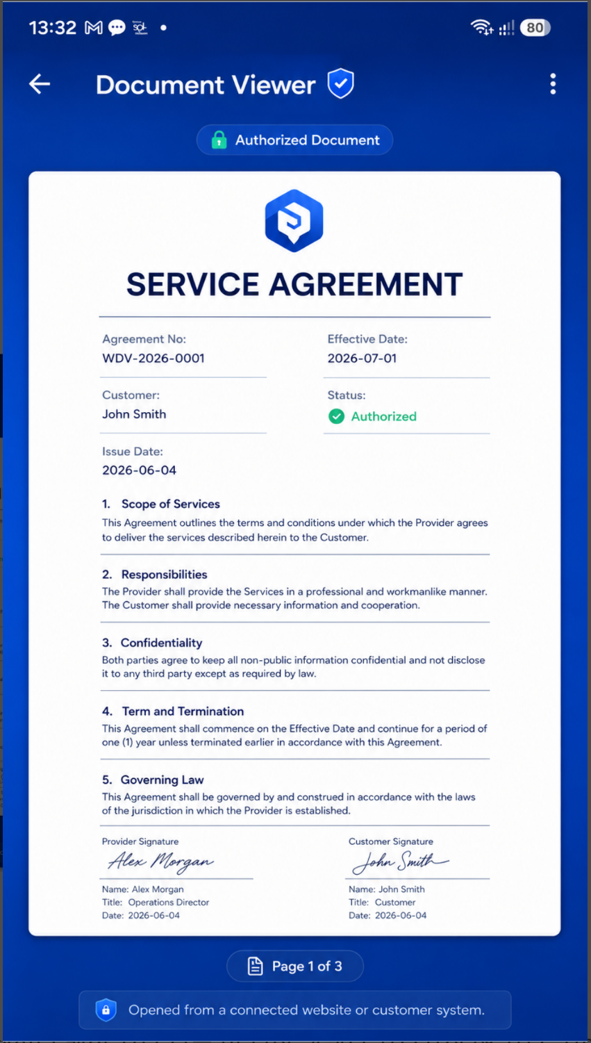 Service agreement app screen